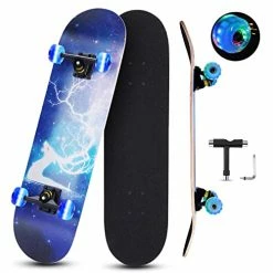Coupon π€© Skateboards For Beginners, 31 INCH Standard Complete Skateboard For Kids Boys Girls Adults Teens, 9 Layer Maple Wood Double Kick Concave Skate Board With LED Light Up Wheels Planet π