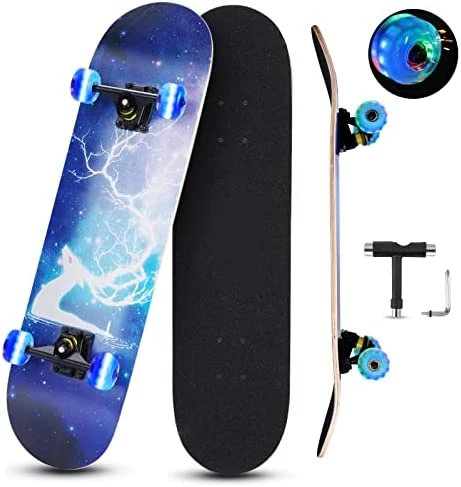 Coupon 🤩 Skateboards For Beginners, 31 INCH Standard Complete Skateboard For Kids Boys Girls Adults Teens, 9 Layer Maple Wood Double Kick Concave Skate Board With LED Light Up Wheels Planet 🛒 - Image 7