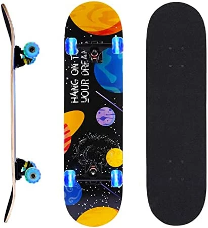Coupon 🤩 Skateboards For Beginners, 31 INCH Standard Complete Skateboard For Kids Boys Girls Adults Teens, 9 Layer Maple Wood Double Kick Concave Skate Board With LED Light Up Wheels Planet 🛒 - Image 9