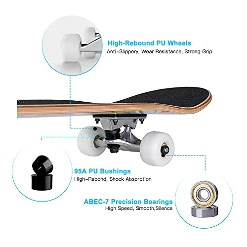 Coupon 🤩 31 Inch Skateboards, Complete Skateboard For Girls/Boys/Teens/Youth/Beginners, 7 Layer Northeast Maple Double Kick Concave Skateboards For Kids Youth Teens Adults Black ✔️ - Image 7