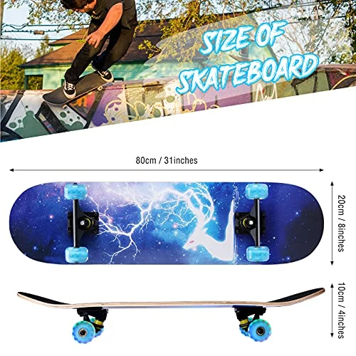Coupon 🤩 Skateboards For Beginners, 31 INCH Standard Complete Skateboard For Kids Boys Girls Adults Teens, 9 Layer Maple Wood Double Kick Concave Skate Board With LED Light Up Wheels Planet 🛒 - Image 6