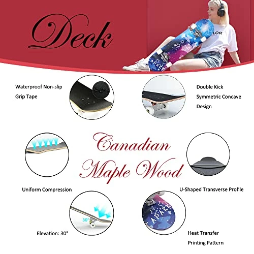 Outlet ✨ Skateboards For Beginners Adults Youths Teens Kids Girls Boys 31 Inch Pro Complete Skate Boards 7 Layer Canadian Maple Double Kick Concave Longboards ✨ - Image 3