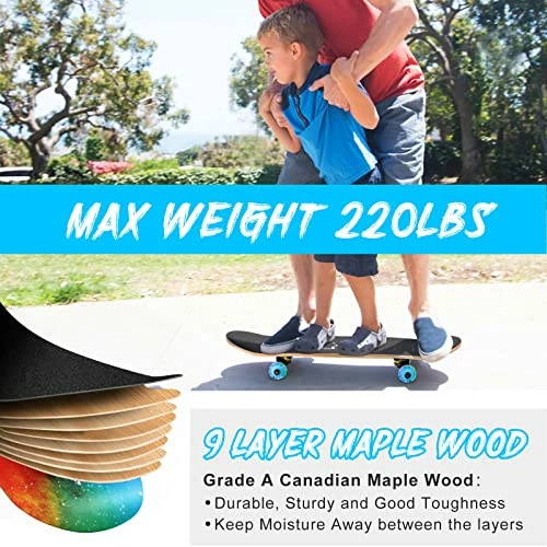 Coupon 🤩 Skateboards For Beginners, 31 INCH Standard Complete Skateboard For Kids Boys Girls Adults Teens, 9 Layer Maple Wood Double Kick Concave Skate Board With LED Light Up Wheels Planet 🛒 - Image 3