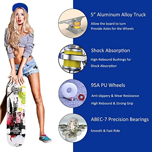 Outlet ✨ Skateboards For Beginners Adults Youths Teens Kids Girls Boys 31 Inch Pro Complete Skate Boards 7 Layer Canadian Maple Double Kick Concave Longboards ✨ - Image 4