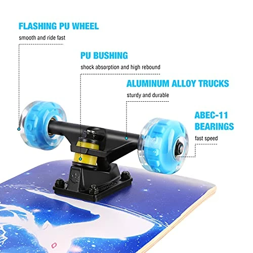 Coupon 🤩 Skateboards For Beginners, 31 INCH Standard Complete Skateboard For Kids Boys Girls Adults Teens, 9 Layer Maple Wood Double Kick Concave Skate Board With LED Light Up Wheels Planet 🛒 - Image 2